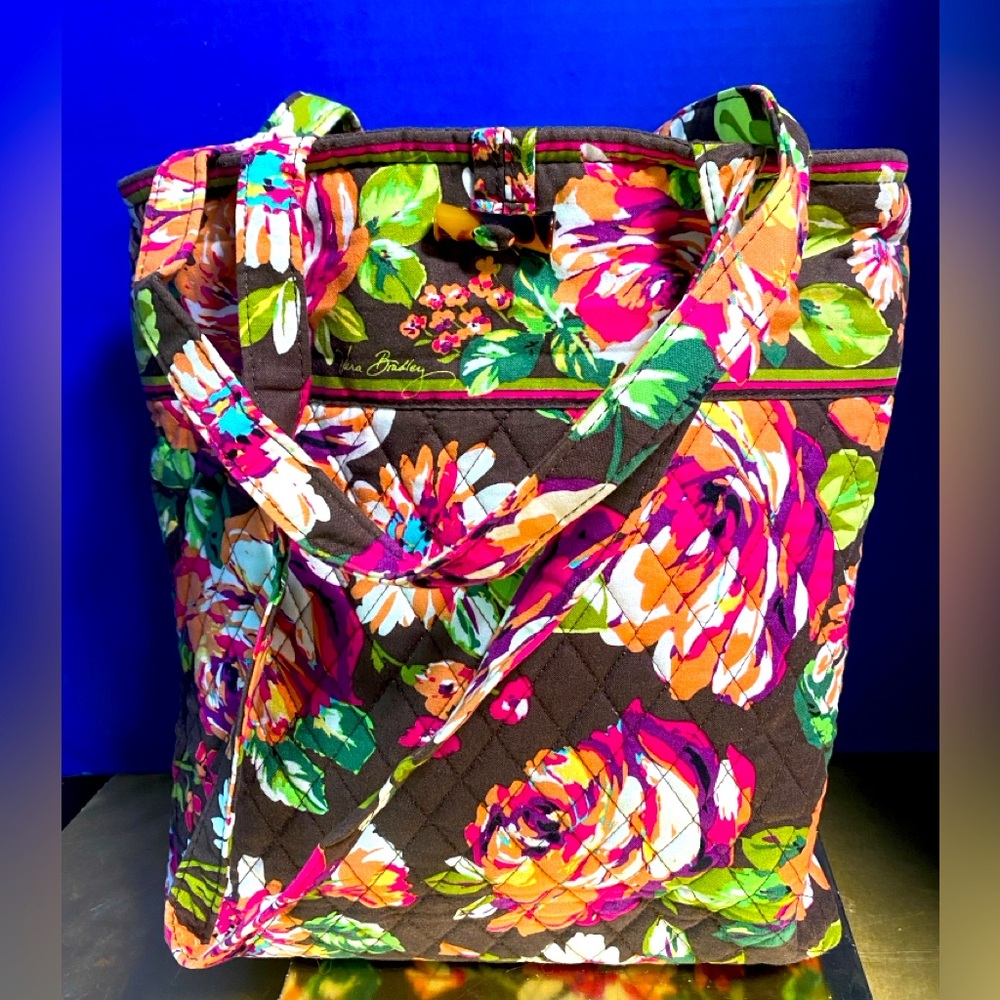 Vera Bradley Retired 2012 English Garden Pattern Brown Floral Tote Bag 14”x13”x4